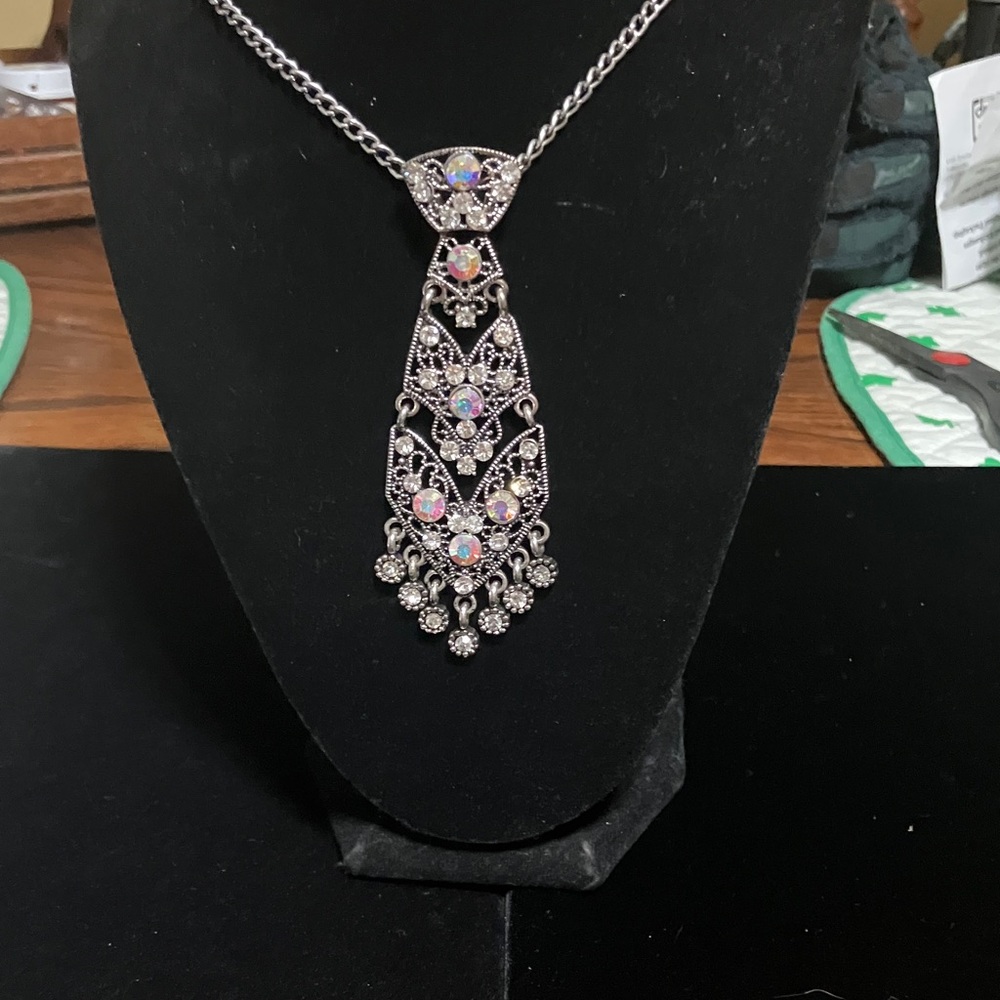 Filigree Crystal tie Necklace in Silver with Aurora Borealis Accents